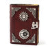 A decorative red leather-bound book with silver embellishments and a clasp, featuring intricate designs on the cover. The book appears to have a mystical or vintage style.