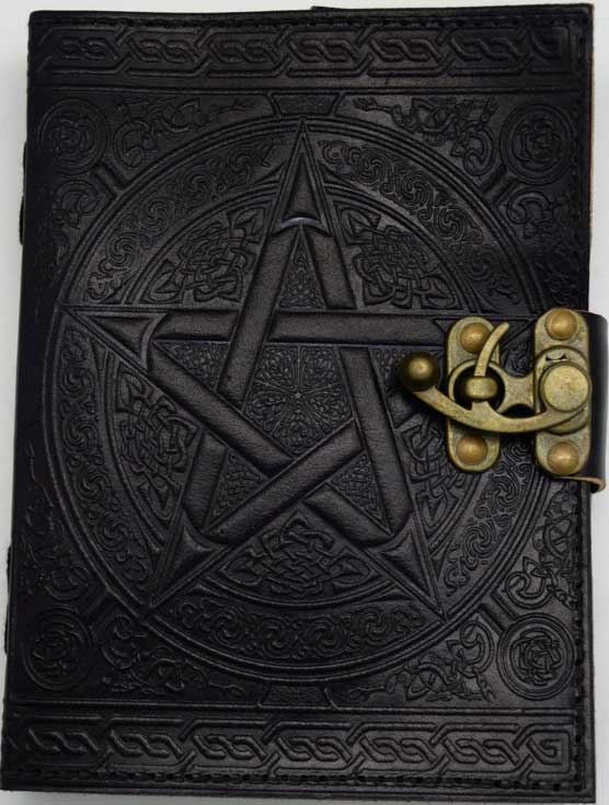 5x7 inch black pentagram leather journal with metal latch closure showing pentagram embossed on dark leather cover, compact writing book for spells and ritual notes