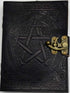 5x7 inch black pentagram leather journal with metal latch closure showing pentagram embossed on dark leather cover, compact writing book for spells and ritual notes