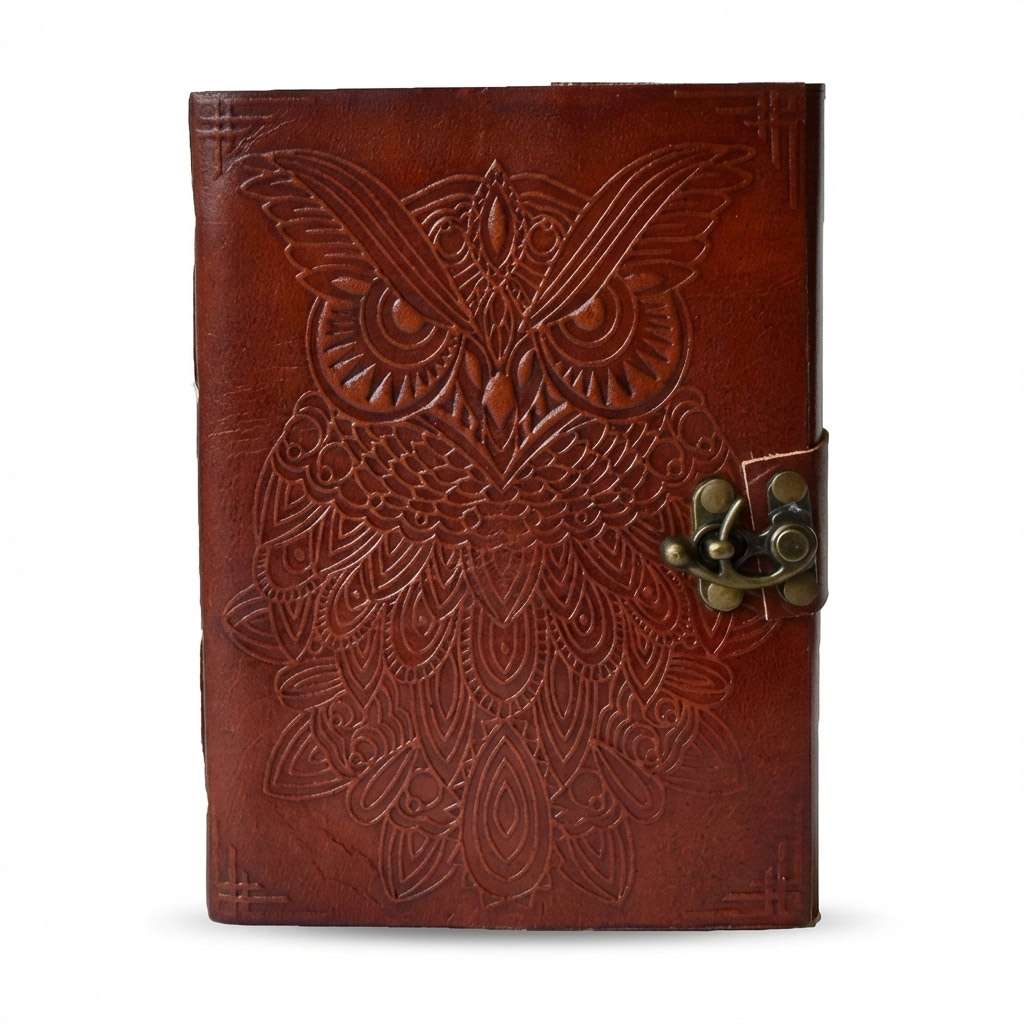 5x7 inch owl embossed leather blank journal showing intricate owl design on cover, compact witchy writing book for spell notes dream journaling and daily reflections