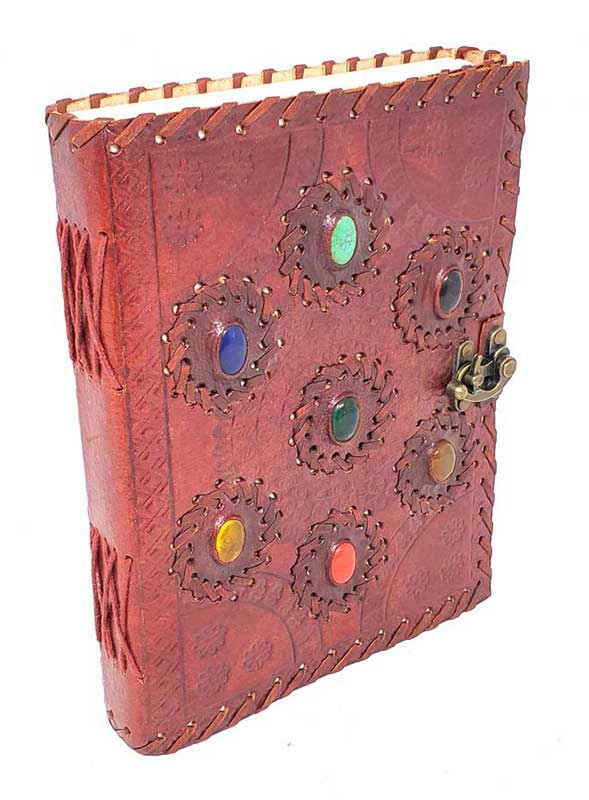 6" x 8" 7 Chakra stones Embossed leather journal w/ latch