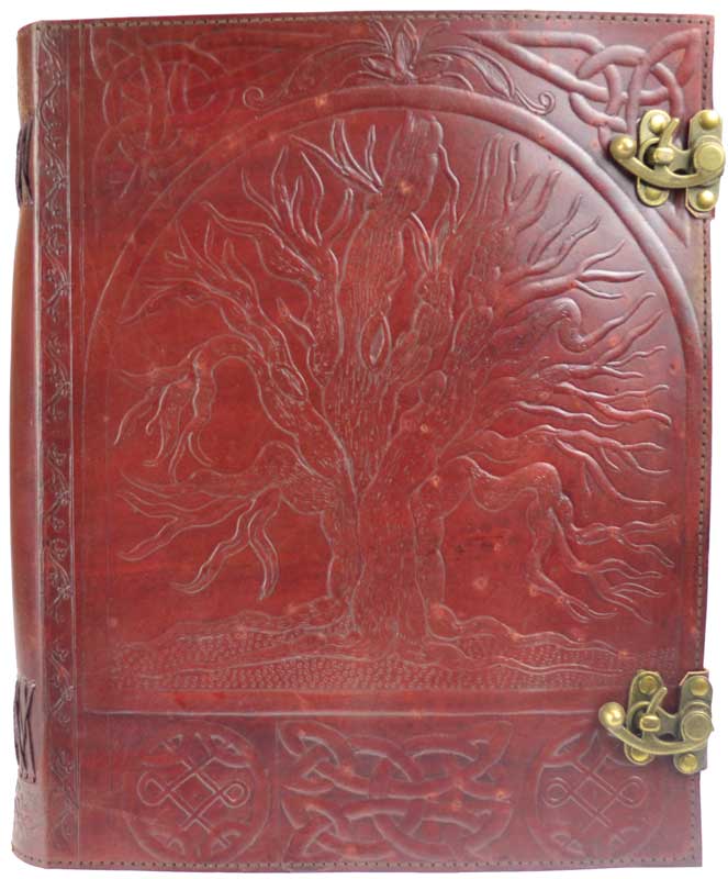Large 10 by 13 inch richly embossed red leather journal with Tree of Life cover design and latch closure for grimoire or Book of Shadows use
