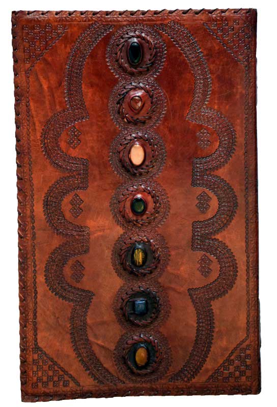 Large 14x22 inch leather blank journal with seven genuine gemstones embedded in cover representing the seven chakras, oversized ritual writing book for grimoire use