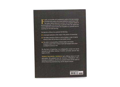 Back cover of The Big Book of Numerology on a black background with bullet-point descriptions and a barcode.