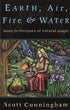 Earth Air Fire and Water by Scott Cunningham book cover showing a woman pouring water near a river with flowers and nature elements — Llewellyn natural magic guide.