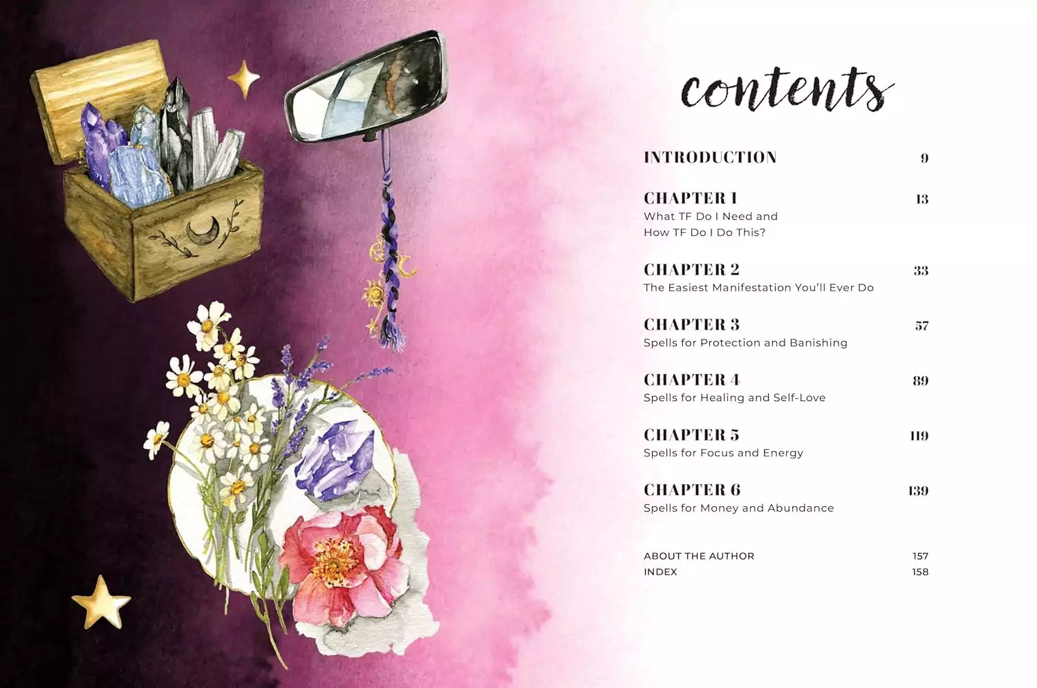 Interior table of contents from Lazy Witchcraft showing a wooden box of crystals, a mirror, and botanical elements on a decorative page.