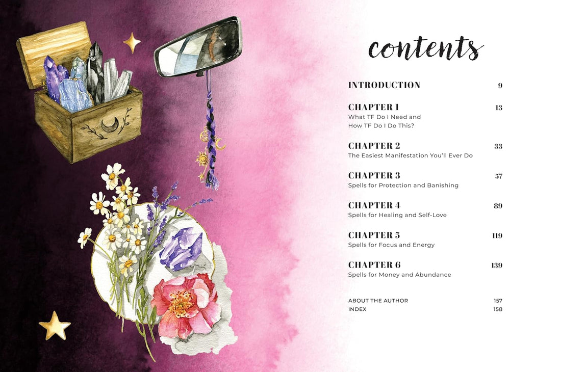 Interior table of contents from Lazy Witchcraft showing a wooden box of crystals, a mirror, and botanical elements on a decorative page.