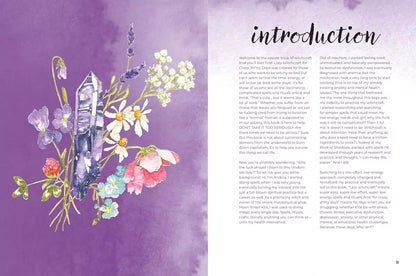 Interior illustration from Lazy Witchcraft featuring flowers and a crystal on a purple background with accompanying spell text.