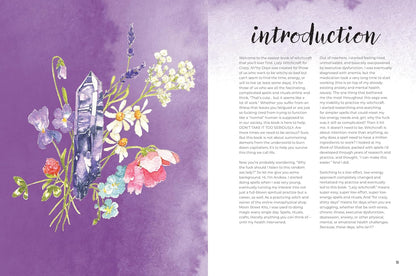Interior illustration from Lazy Witchcraft featuring flowers and a crystal on a purple background with accompanying spell text.