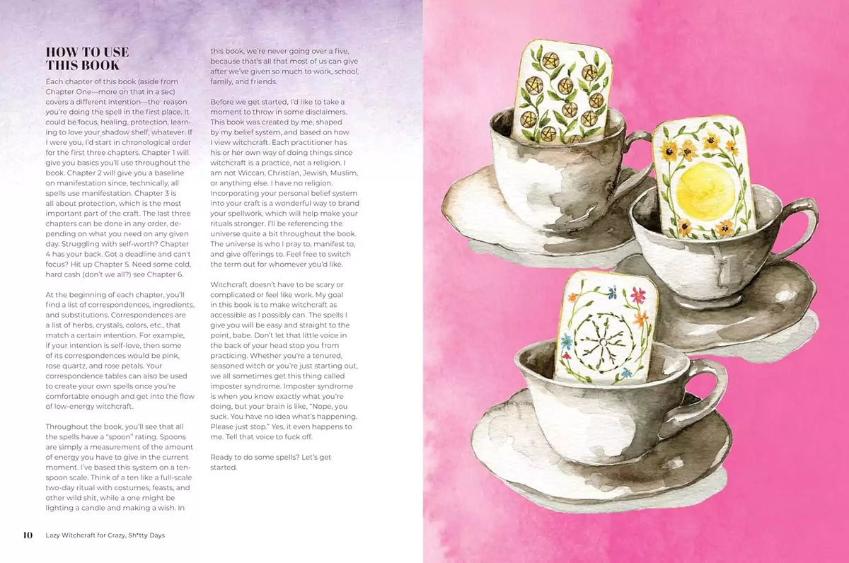 Interior image from Lazy Witchcraft showing three silver teacups with decorative teabags — illustrating a simple tea-based spell on a pink background.