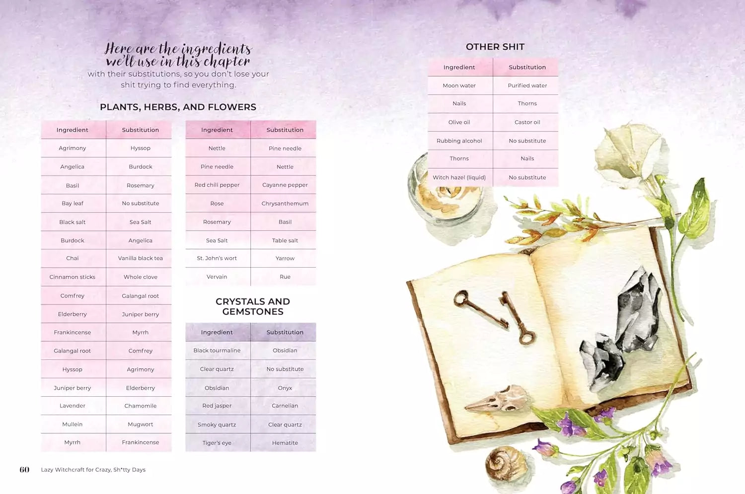 Interior spread from Lazy Witchcraft featuring a list of plants, herbs, and crystals with colorful botanical illustrations.
