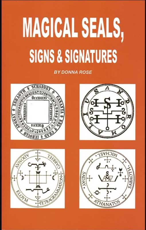 Four mystical seals arranged on an orange background with title &
