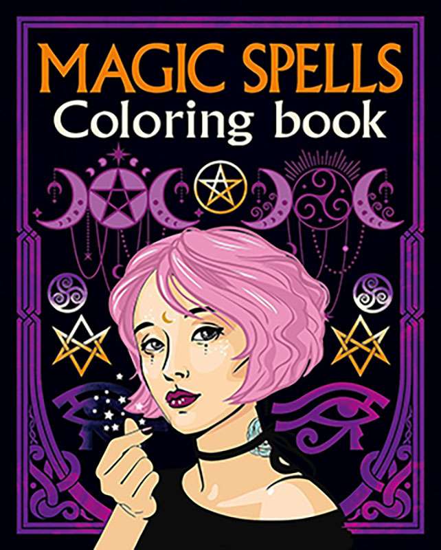 Magic Spells adult witchcraft coloring book cover featuring a young woman with pink hair holding a magical wand surrounded by mystical symbols and stars.