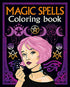 Magic Spells adult witchcraft coloring book cover featuring a young woman with pink hair holding a magical wand surrounded by mystical symbols and stars.
