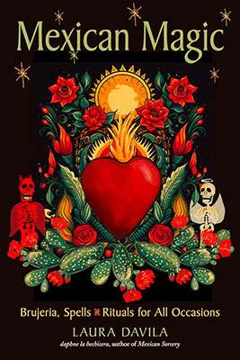 Mexican Magic book cover featuring a central red heart surrounded by colorful floral and folk art motifs — Brujeria Spells &amp; Rituals by Laura Davila.