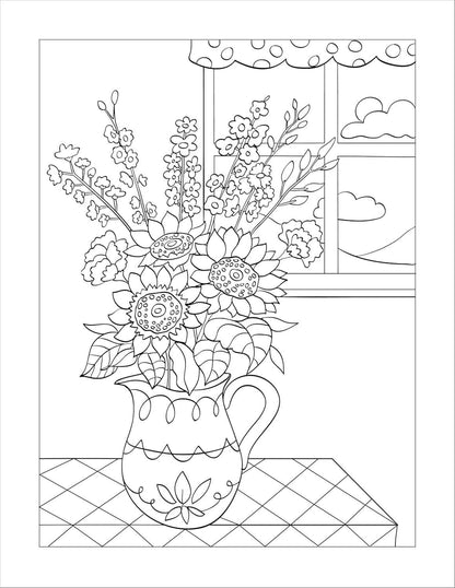 Coloring book line drawing of a vase of sunflowers and mixed floral arrangement ready to be colored