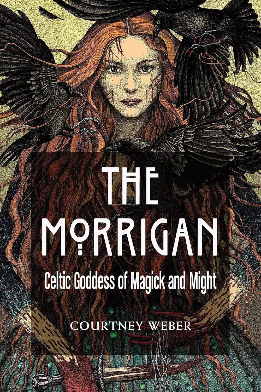 The Morrigan book cover featuring a detailed illustration of the Celtic goddess with red flowing hair surrounded by ravens.
