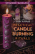 Purple ritual candle burning against a blurred background of crystals and spiritual items, alongside the Practical Candleburning Rituals book by Raymond Buckland.