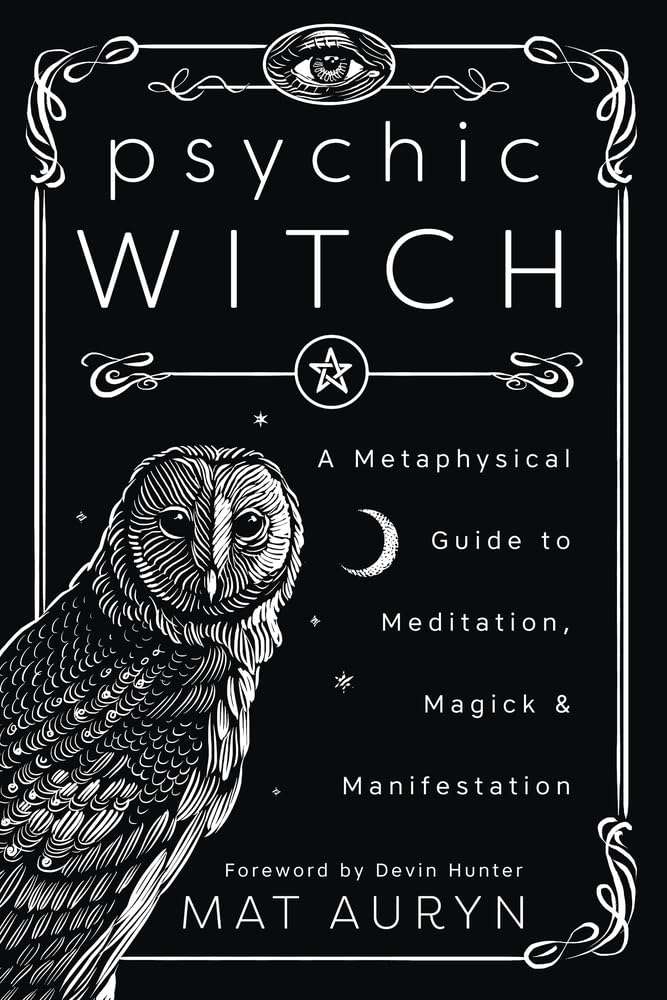 Psychic Witch by Mat Auryn book cover in black and white featuring an owl and mystical symbols suggesting psychic and magical practice themes.