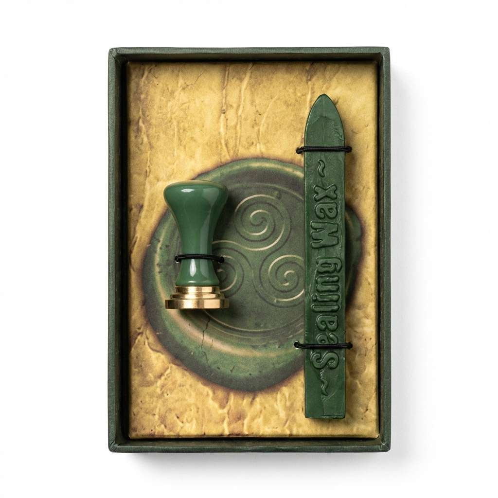 Triskelion sealing wax kit with green wax stick and Celtic triple spiral stamp for ritual letter sealing sacred correspondence and ceremonial document magic