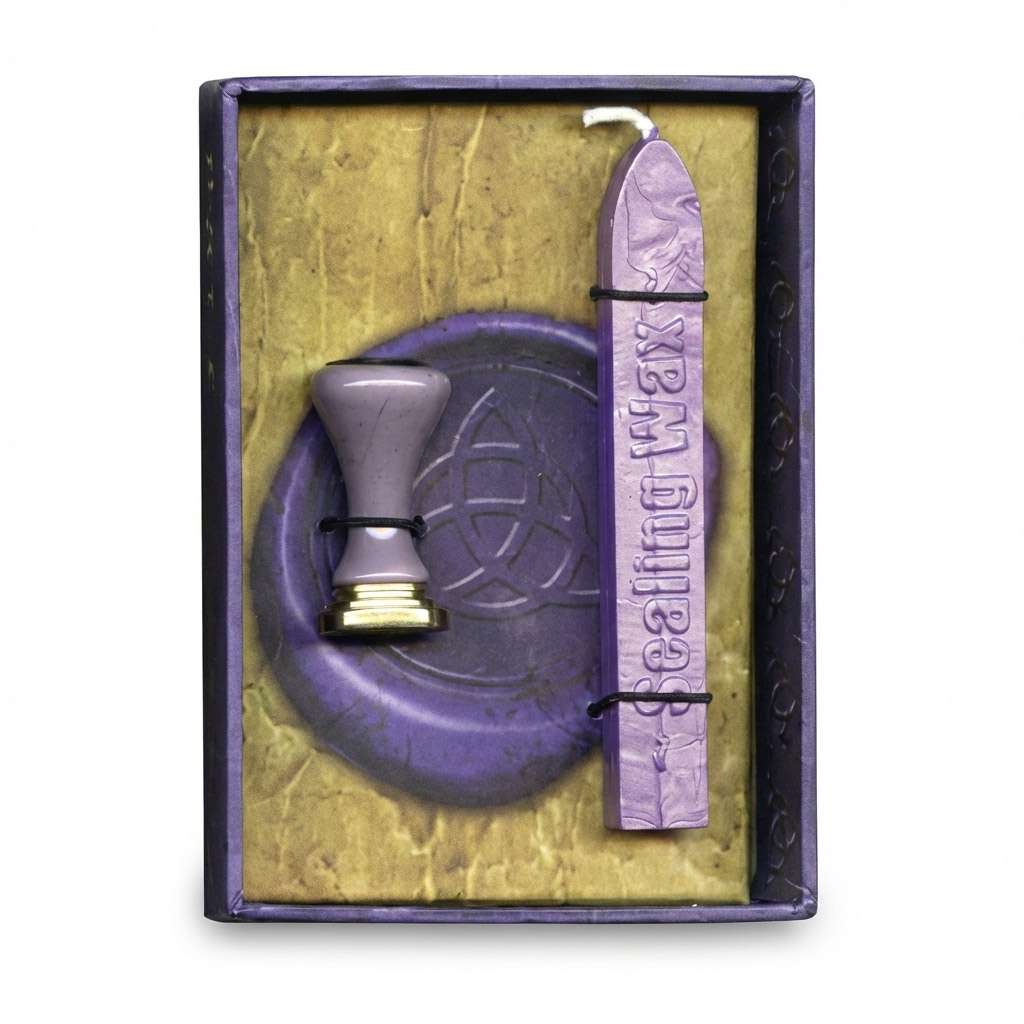 Triquetra sealing wax kit Celtic trinity knot — purple wax stick and triquetra stamp seal presented in decorative box for ritual letter and grimoire sealing.