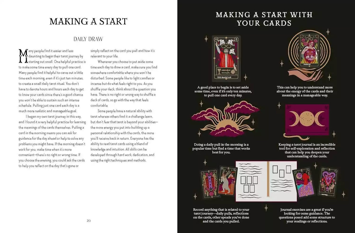 Interior pages of Tarot Magick by Lindsay Squire featuring botanical illustrations