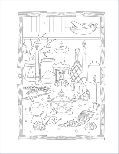 A detailed line drawing featuring various mystical objects, including candles, jars, crystals, and a pentagram, arranged on a wooden shelf. The illustration invites coloring and creativity.