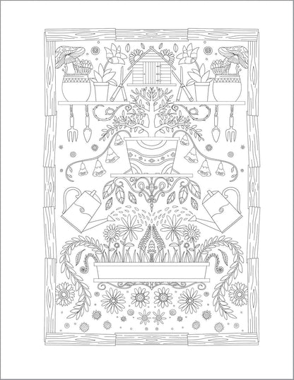 A detailed black-and-white illustration featuring a variety of gardening elements, including potted plants, watering cans, and gardening tools, arranged in a decorative pattern. Suitable for coloring or as a decorative art piece.