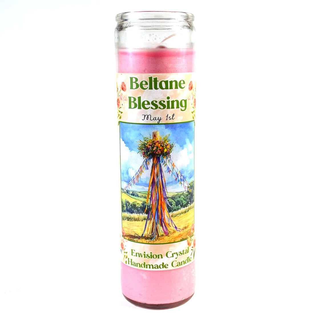 A glass jar ritual candle labeled Beltane aromatic candle with sabbat-themed artwork on the label, showing a wax-filled jar candle for May Day celebration