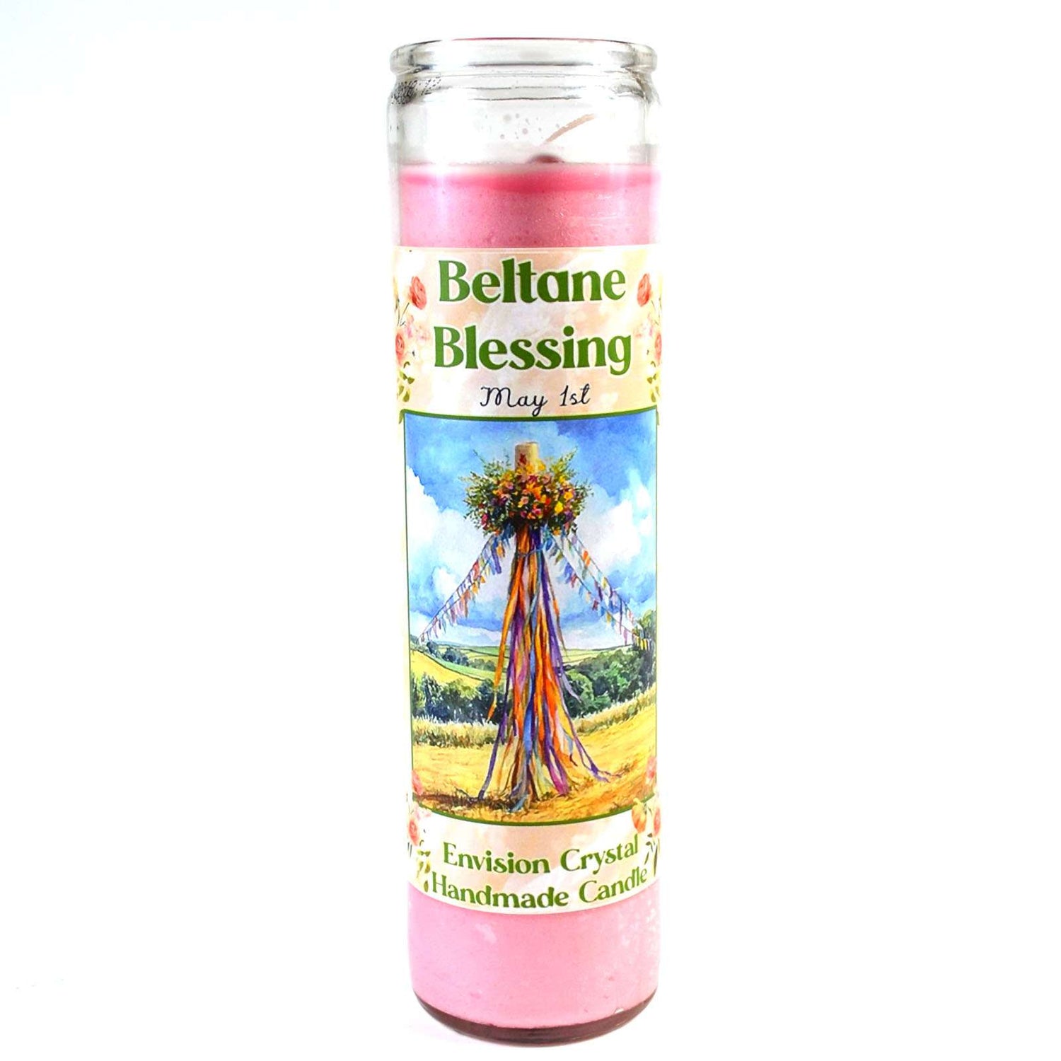 A glass jar ritual candle labeled Beltane aromatic candle with sabbat-themed artwork on the label, showing a wax-filled jar candle for May Day celebration