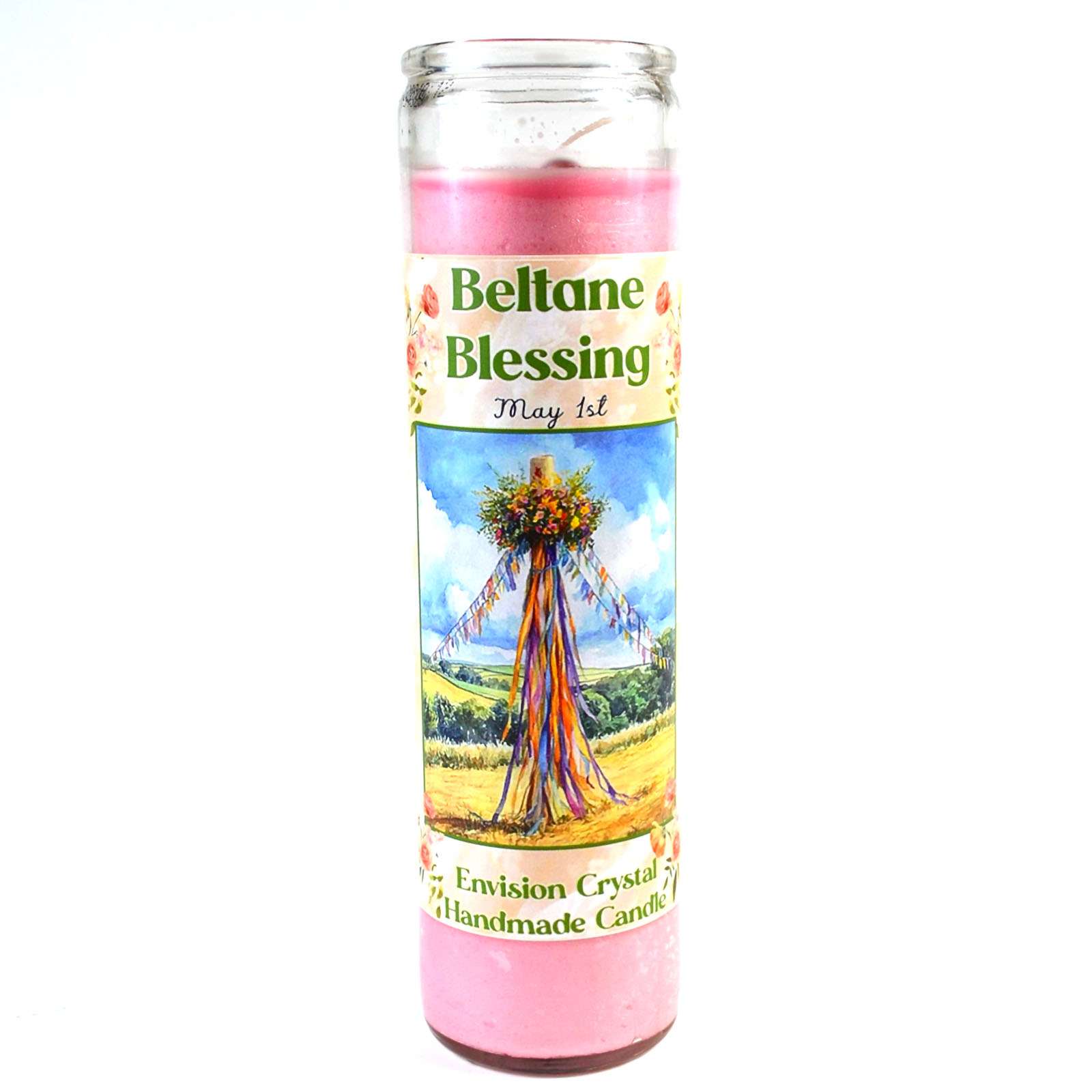 A glass jar ritual candle labeled Beltane aromatic candle with sabbat-themed artwork on the label, showing a wax-filled jar candle for May Day celebration