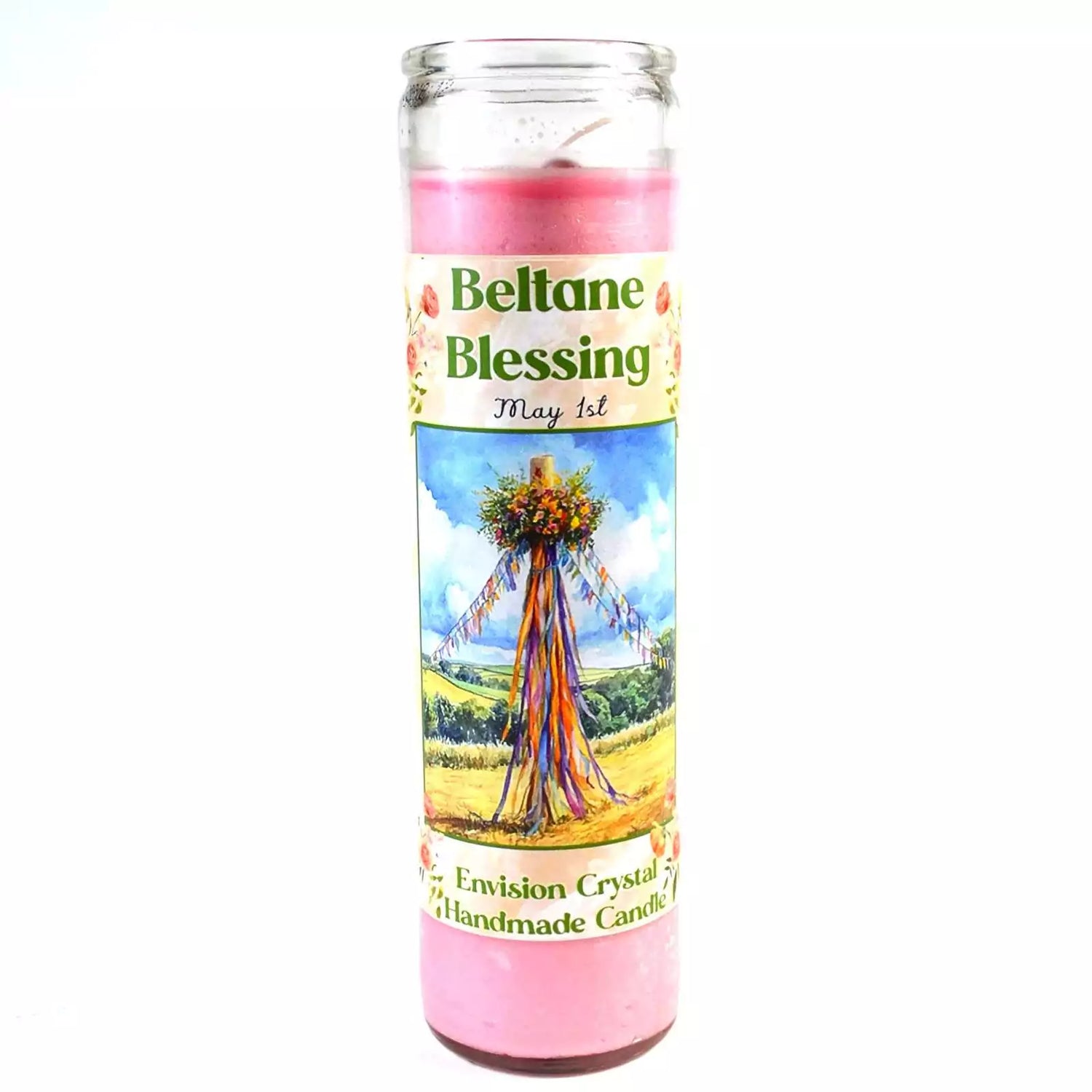 A glass jar ritual candle labeled Beltane aromatic candle with sabbat-themed artwork on the label, showing a wax-filled jar candle for May Day celebration