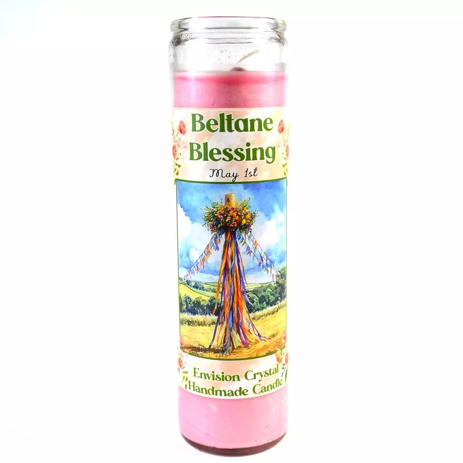 A glass jar ritual candle labeled Beltane aromatic candle with sabbat-themed artwork on the label, showing a wax-filled jar candle for May Day celebration