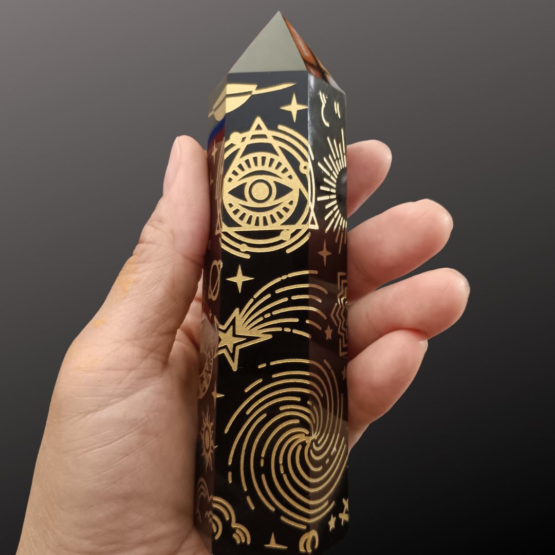 Black Obsidian Gold Celestial Tower – 5.25" Etched Protection Crystal Point