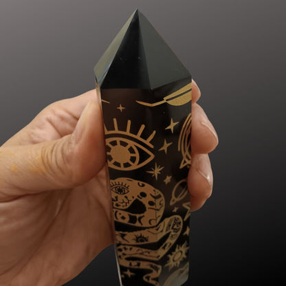 Black Obsidian Gold Celestial Tower – 5.25" Etched Protection Crystal Point