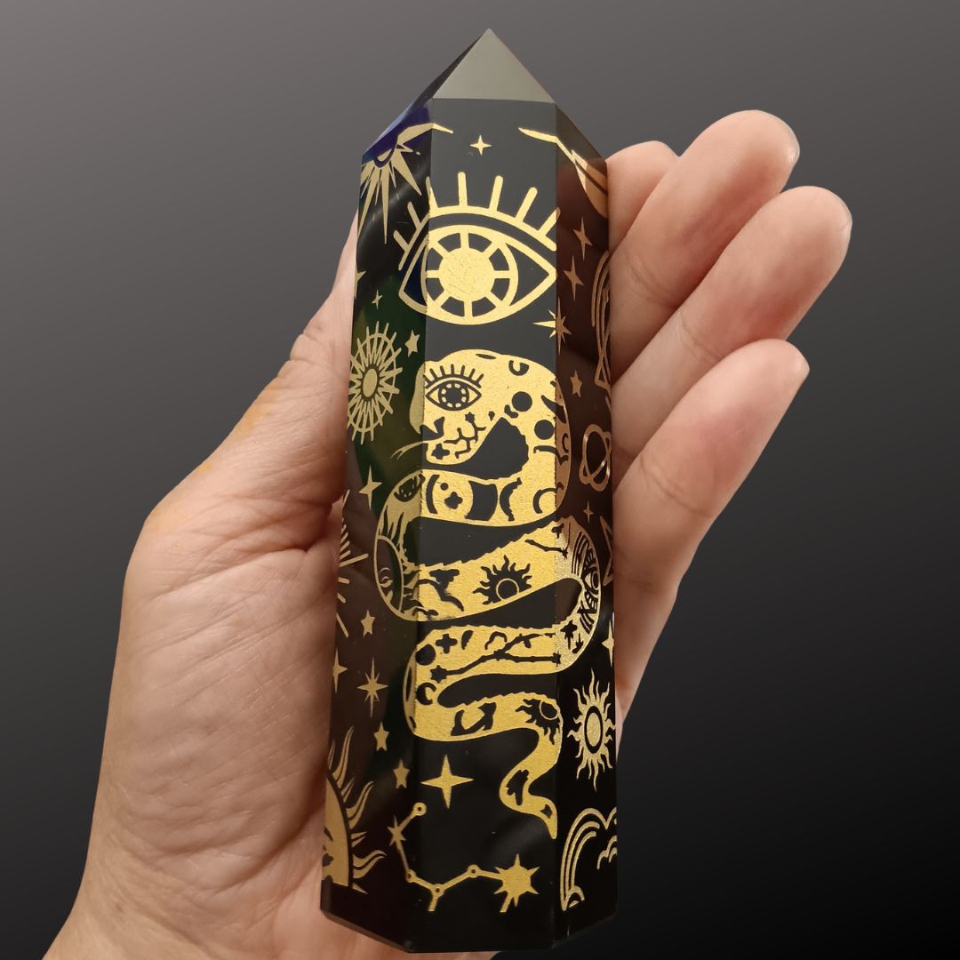 Black Obsidian Gold Celestial Tower – 5.25" Etched Protection Crystal Point
