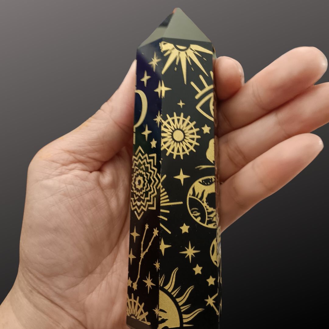 Black Obsidian Gold Celestial Tower – 5.25" Etched Protection Crystal Point
