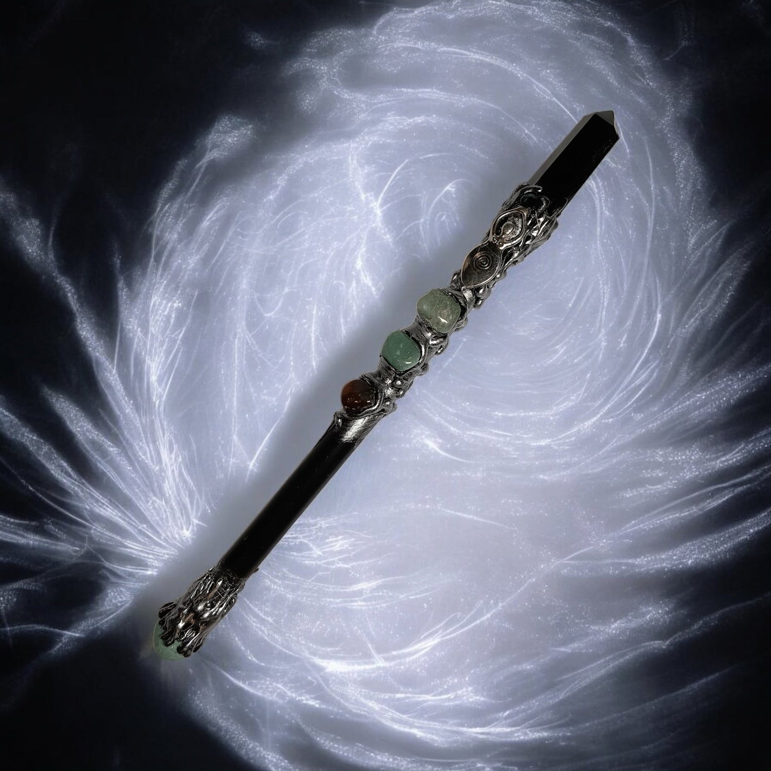Black Obsidian &amp; Spiral Goddess Wand – Cord Cutting, Shadow Work, Spiritual Protection