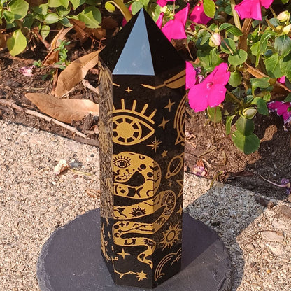 Black Obsidian Gold Celestial Tower – 5.25" Etched Protection Crystal Point