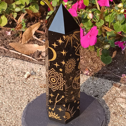 Black Obsidian Gold Celestial Tower – 5.25" Etched Protection Crystal Point