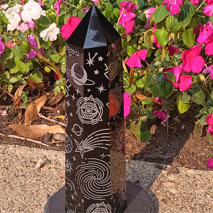 Large Black Obsidian Celestial Tower – 7.25" Etched Protection Crystal Point