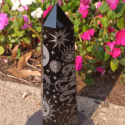 Large Black Obsidian Celestial Tower – 7.25" Etched Protection Crystal Point