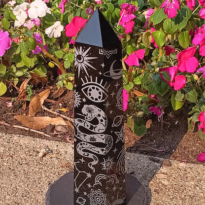 Large Black Obsidian Celestial Tower – 7.25" Etched Protection Crystal Point