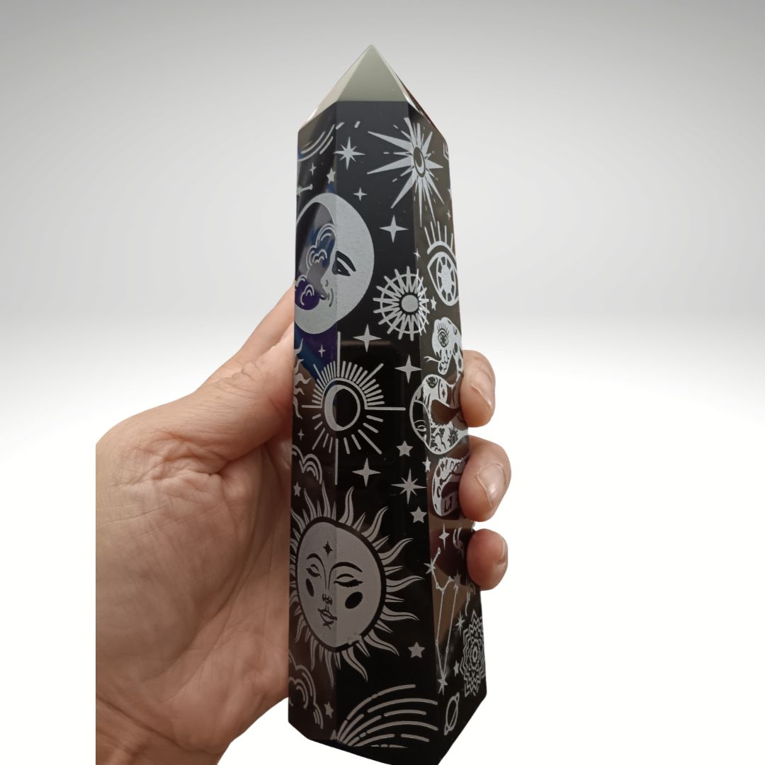 Large Black Obsidian Celestial Tower – 7.25" Etched Protection Crystal Point