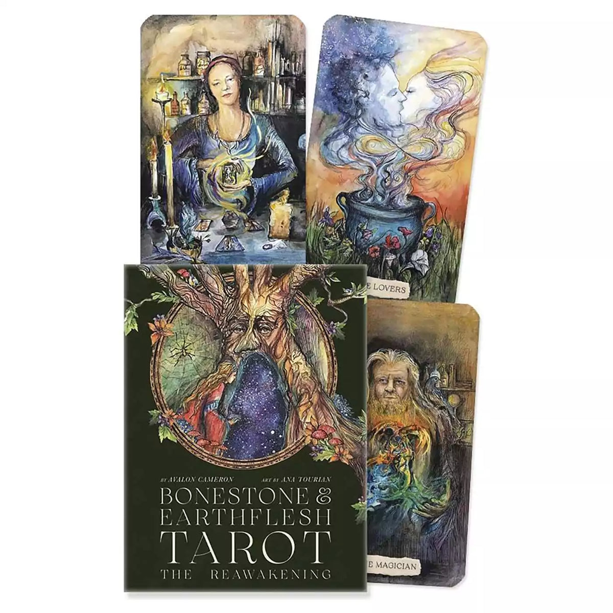 Bonestone &amp; Earthflesh Tarot: The Reawakening box by Avalon Cameron and Ana Tourian, dark green with a tree-faced figure, beside watercolor cards including The Lovers and The Magician