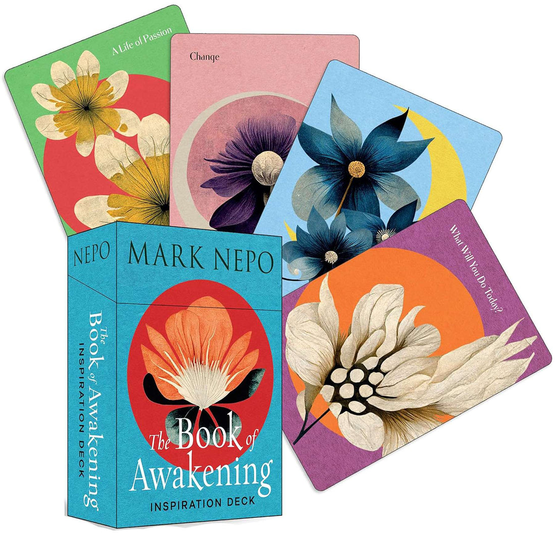 Book of Awakening oracle card deck box by Mark Nepo showing front cover artwork with soft natural tones and title text