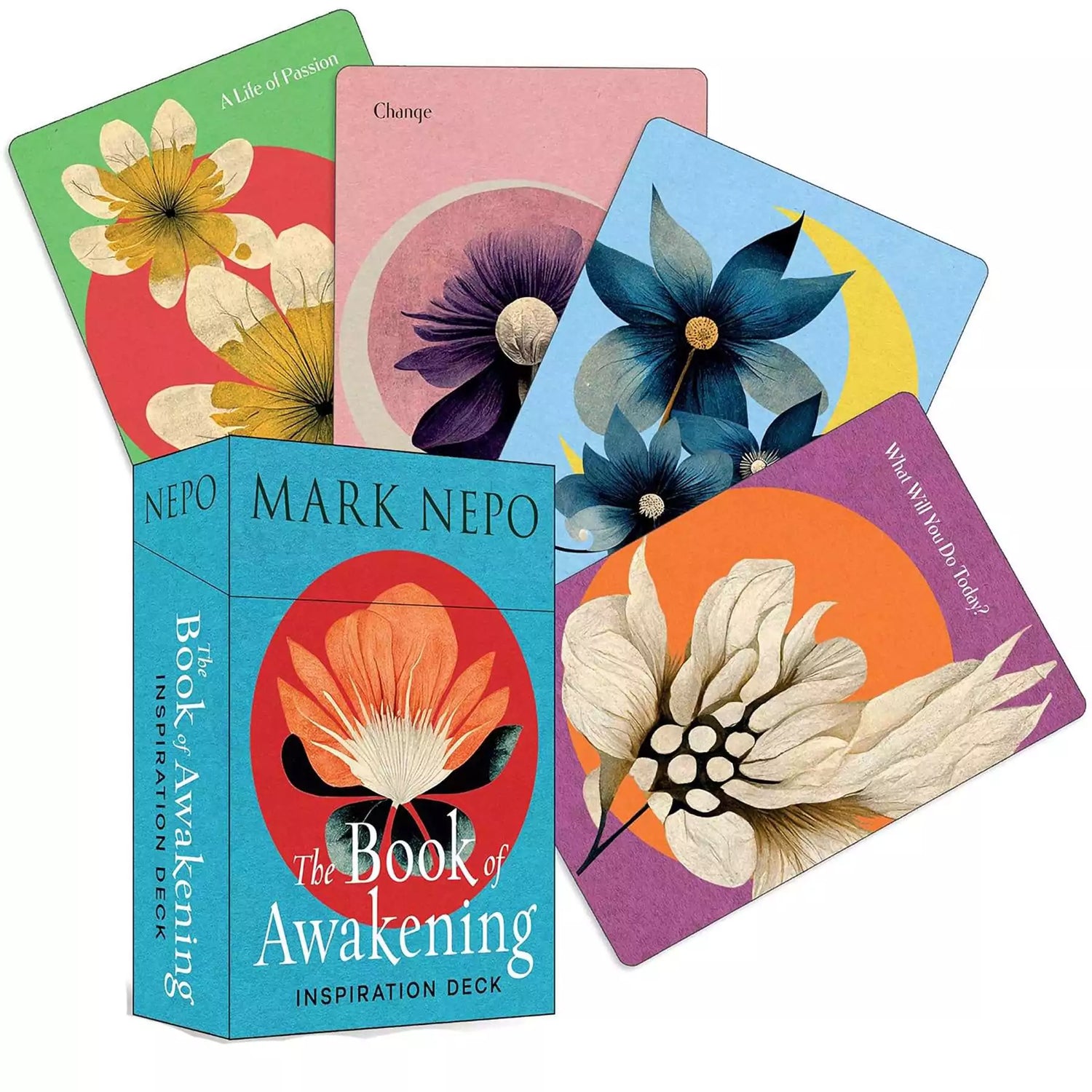 Book of Awakening oracle card deck box by Mark Nepo showing front cover artwork with soft natural tones and title text