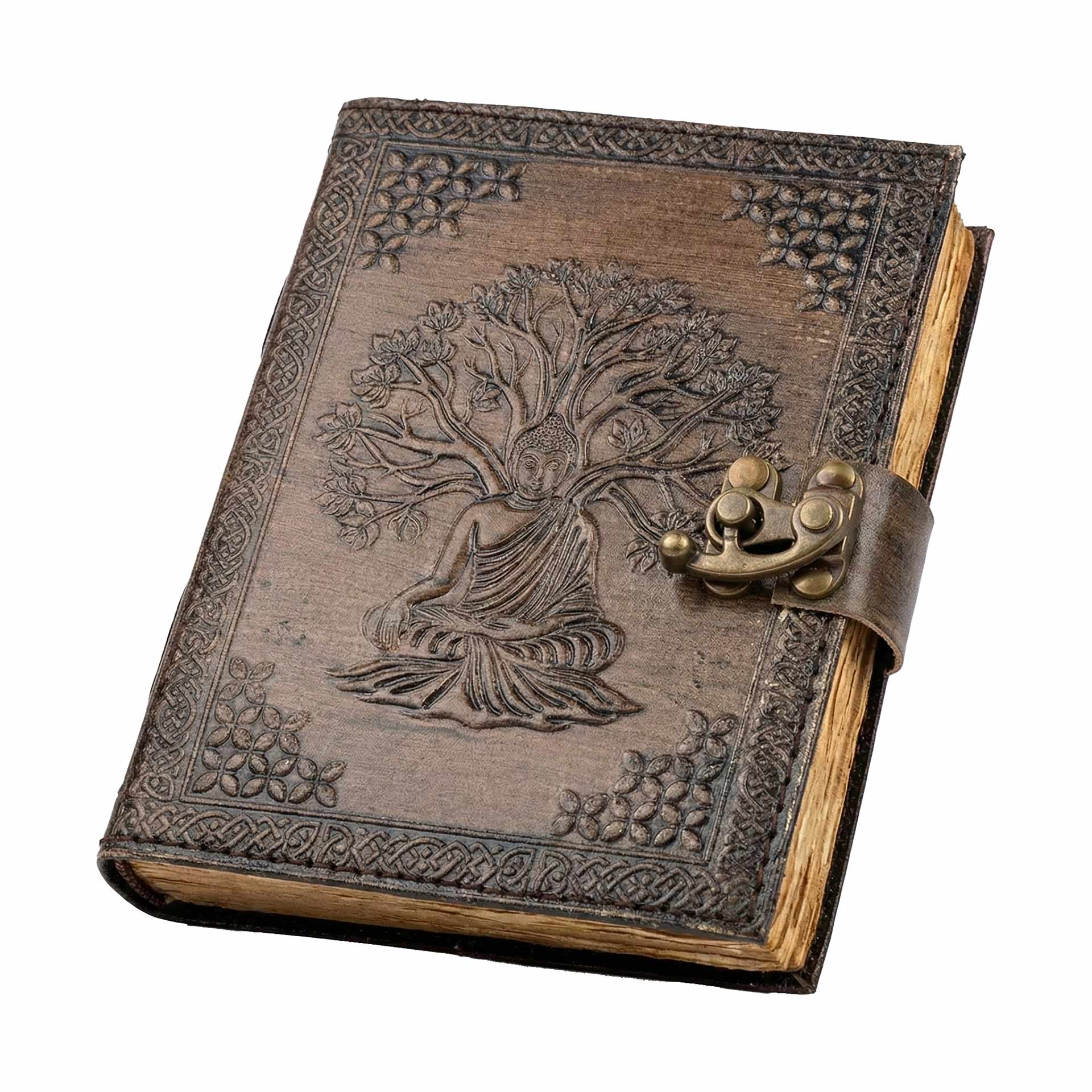 Buddha Tree of Life embossed leather journal with latch closure showing detailed leather cover with Buddhist and nature symbolism for spiritual journaling
