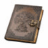 Buddha Tree of Life embossed leather journal with latch closure showing detailed leather cover with Buddhist and nature symbolism for spiritual journaling