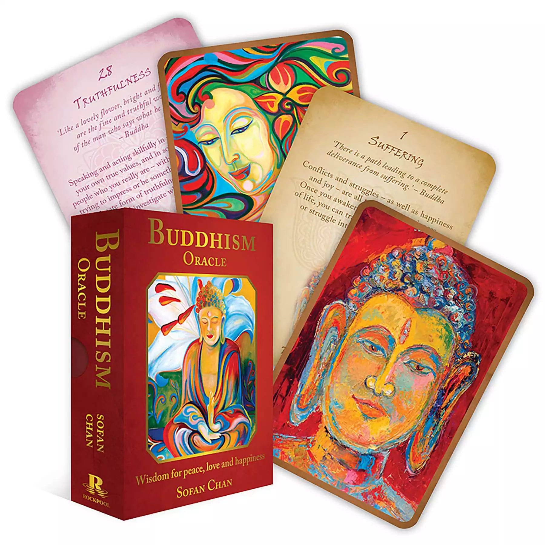 Buddhism Oracle deck and cards by Sofan Chan showing vibrant illustrated spiritual artwork on plain background